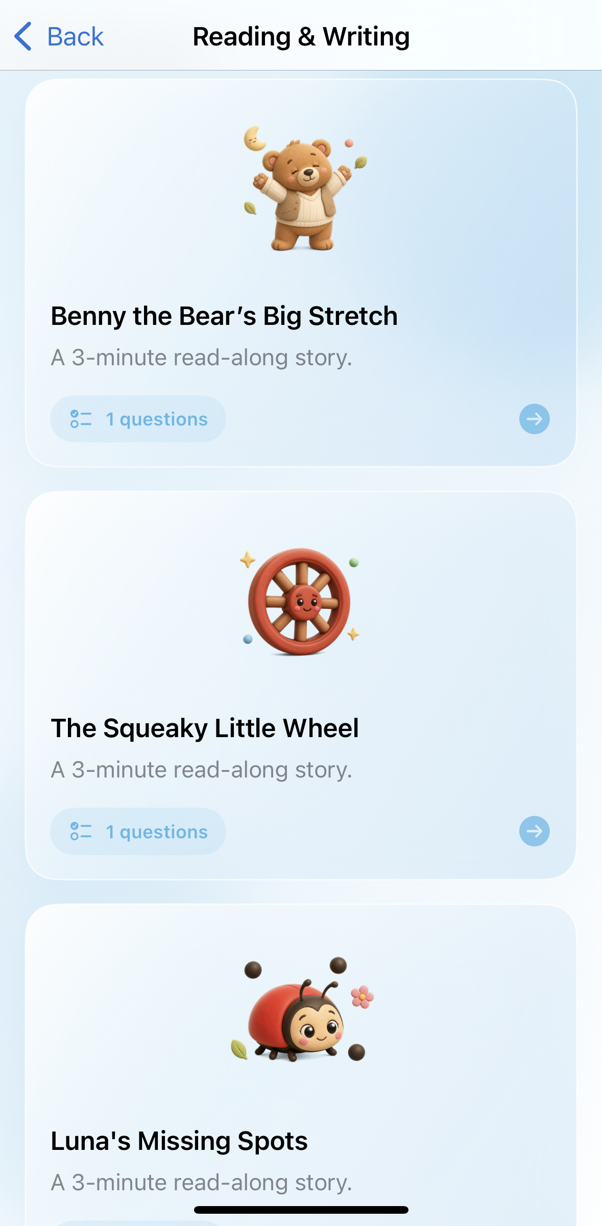 Reading and Writing story list screenshot
